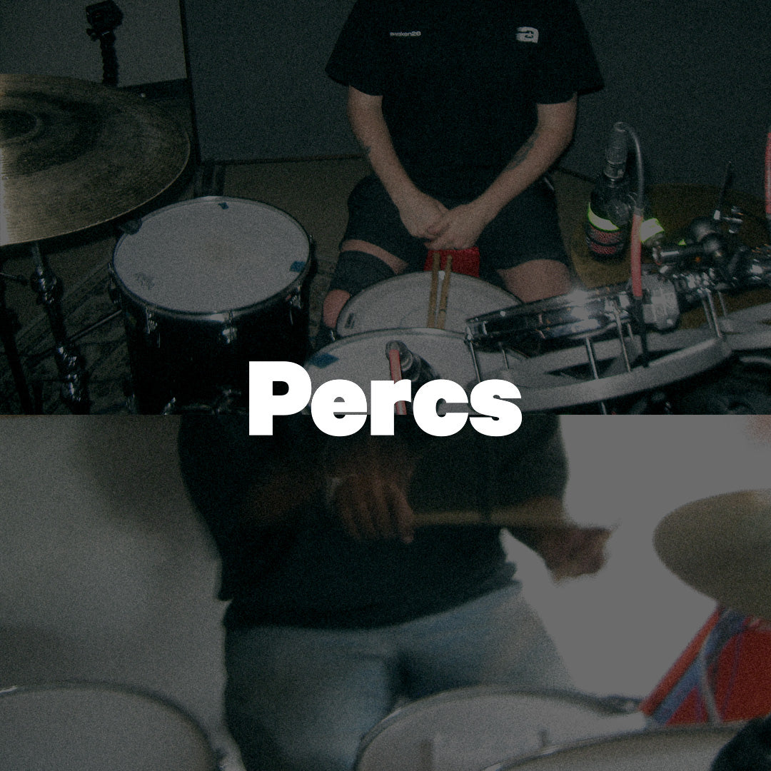 Percs wordmark over live drum kit photos - Drum Essentials Vol. 2 (One Shots)