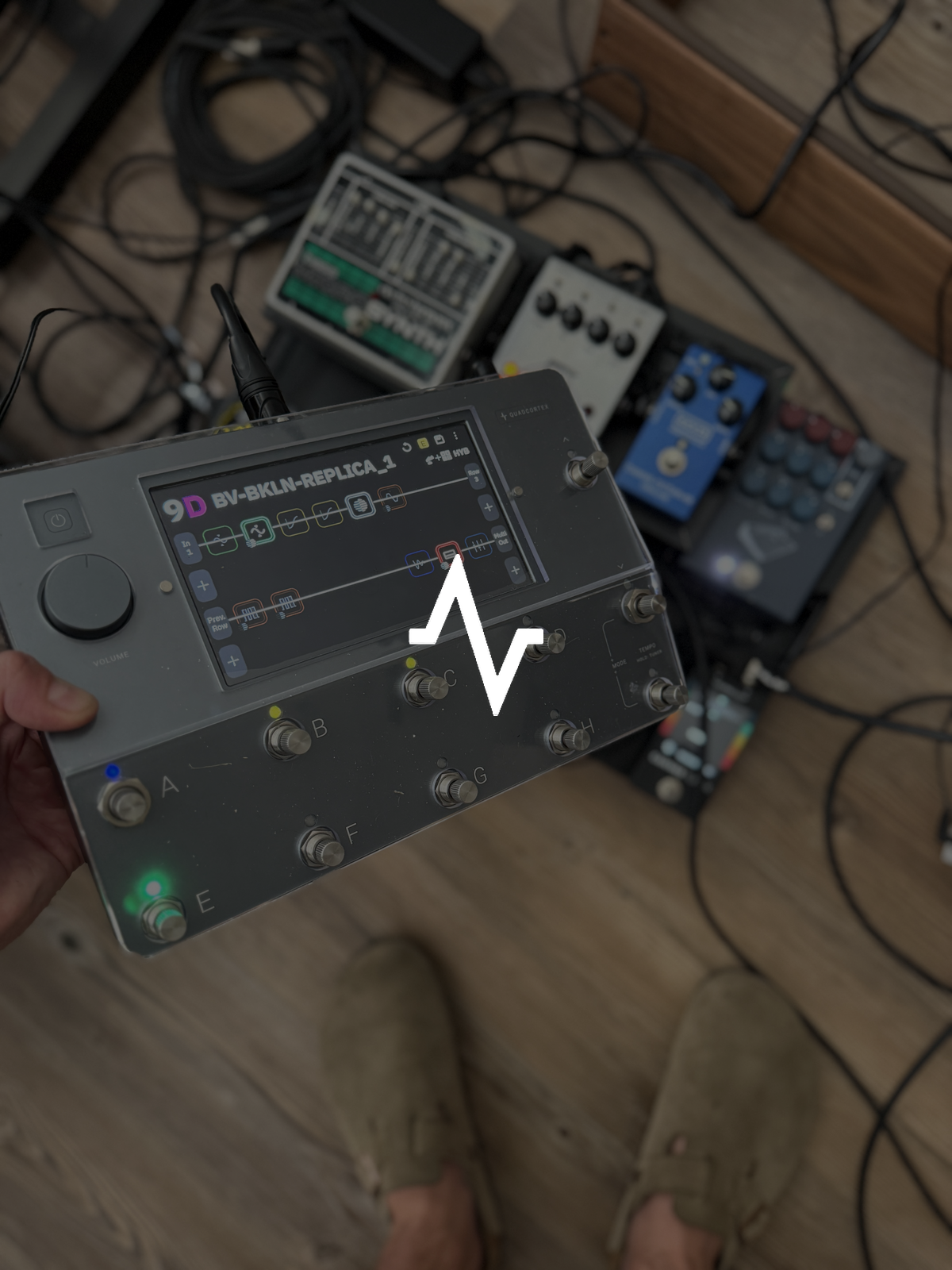 BKLN REPLICA 1 — Bryce Vaughn’s Quad Cortex and pedalboard with the Neural DSP logo