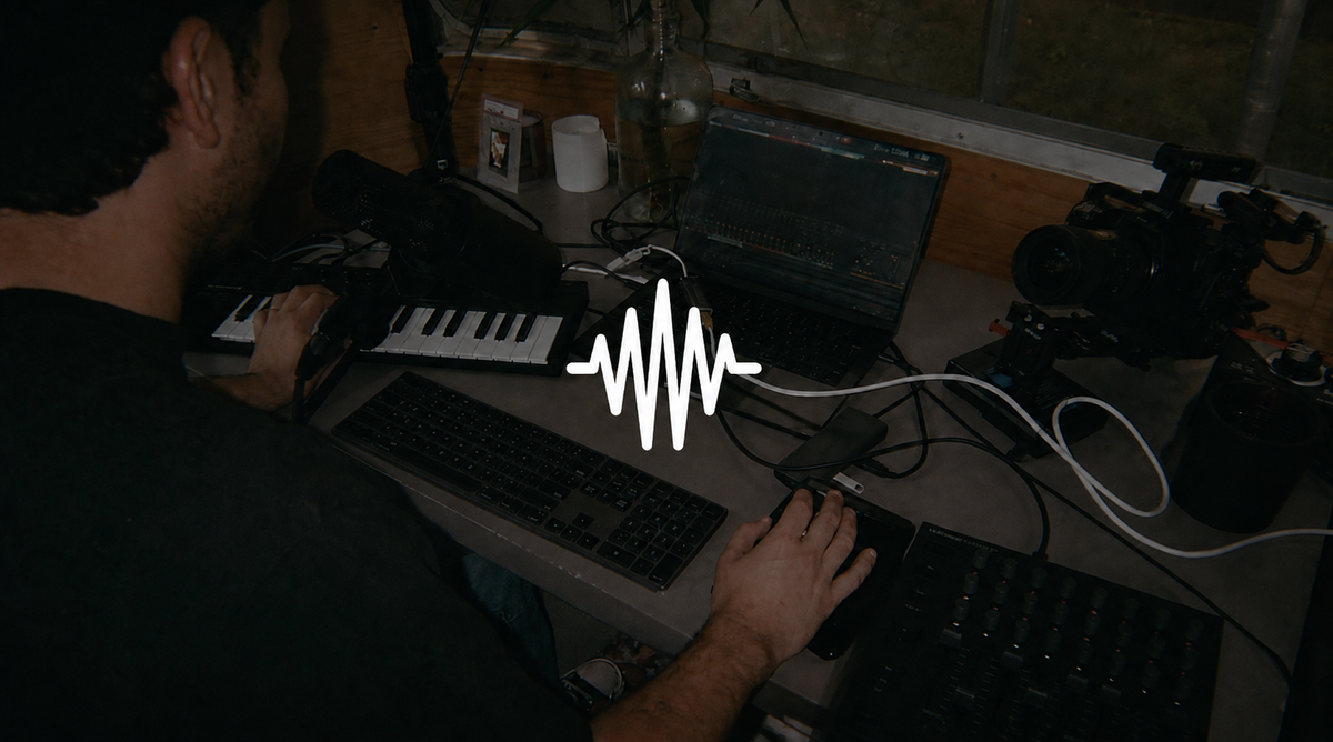 Reverse Drones — Oscar Gamboa, dark studio photograph with white waveform